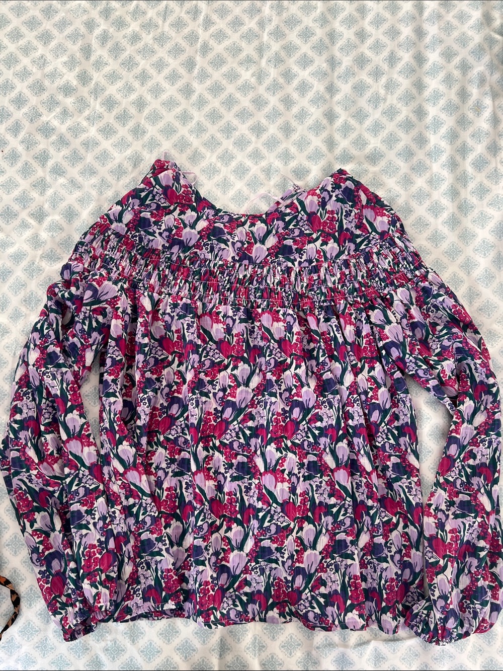 Smocked Floral Long-Sleeve Blouse in Purple and Pink